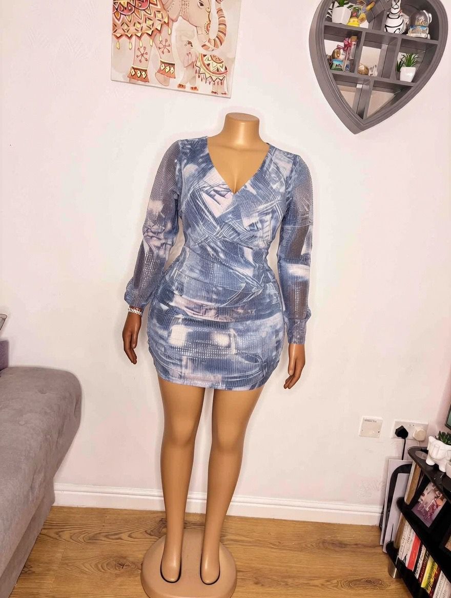 Blue Marble/Tie-Dye Print Sheer Mesh Long Sleeve Ruched Bodycon Mini Dress