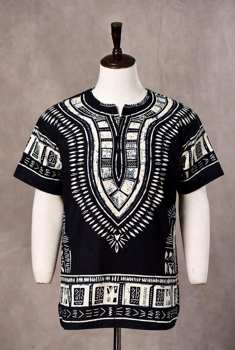 Unisex Tribal Afrocentric Short-Sleeve Shirt – Black & White Mud Cloth Print