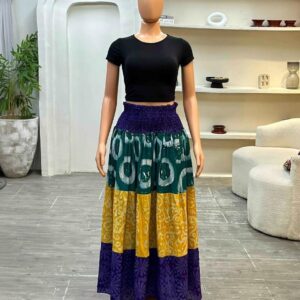Afrocentric Adire Maxi Skirt - Teal, Yellow & Purple Batik Print