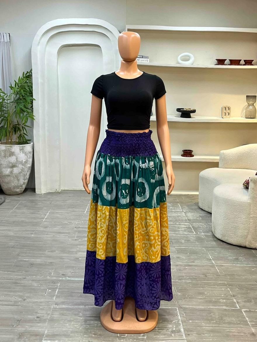 Afrocentric Adire Maxi Skirt – Teal, Yellow & Purple Batik Print